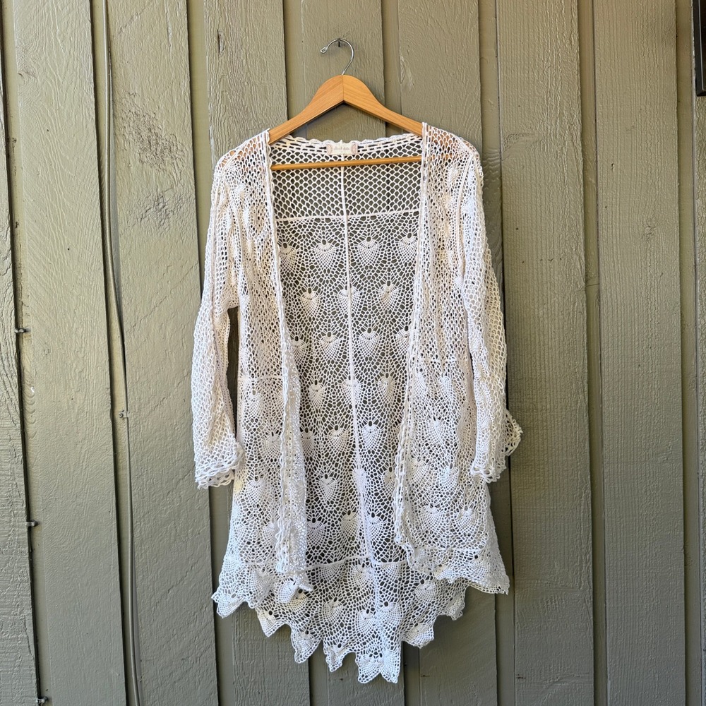 Altar'd State Cardigan Open Front Crochet Knit Small Ivory Boho Long Sleeve